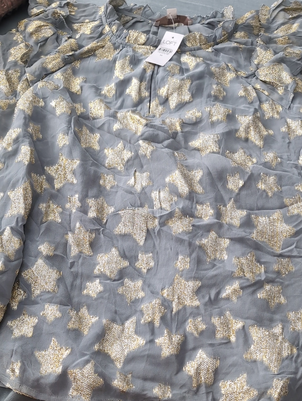 LOFT Gray Sheer Blouse with Gold Star Motif- M